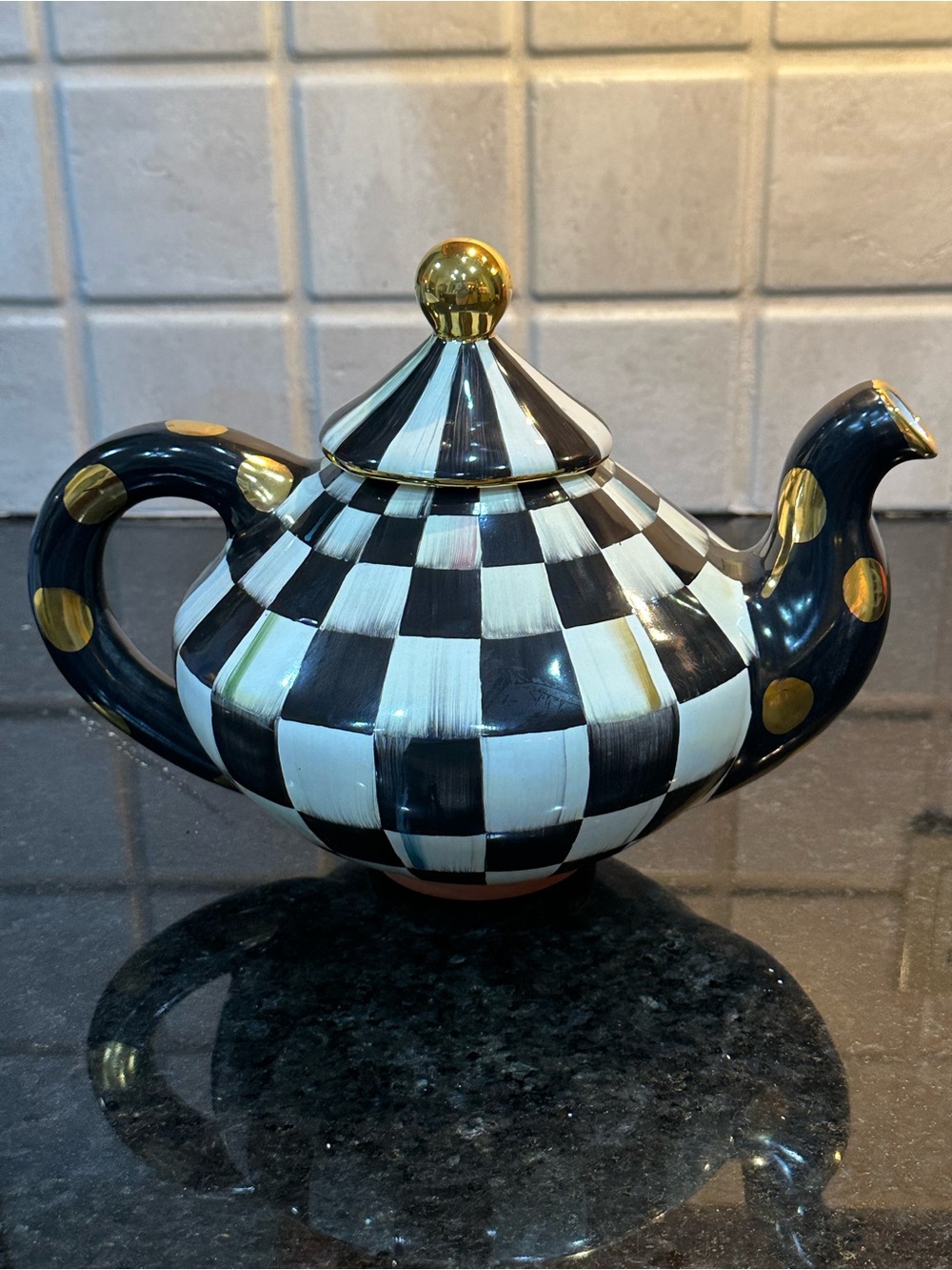 MacKenzie-Childs Courtly Check Black, White w/ Gold Luster Details Teapot